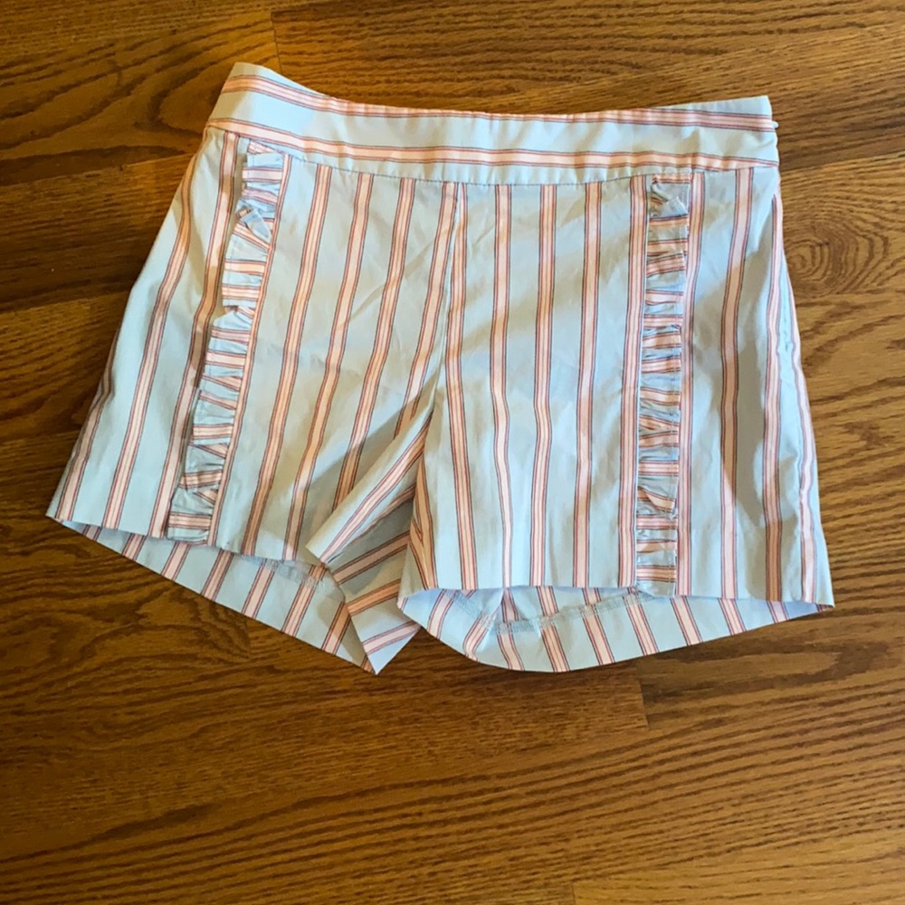 00 loft high waisted striped short with ruffles.